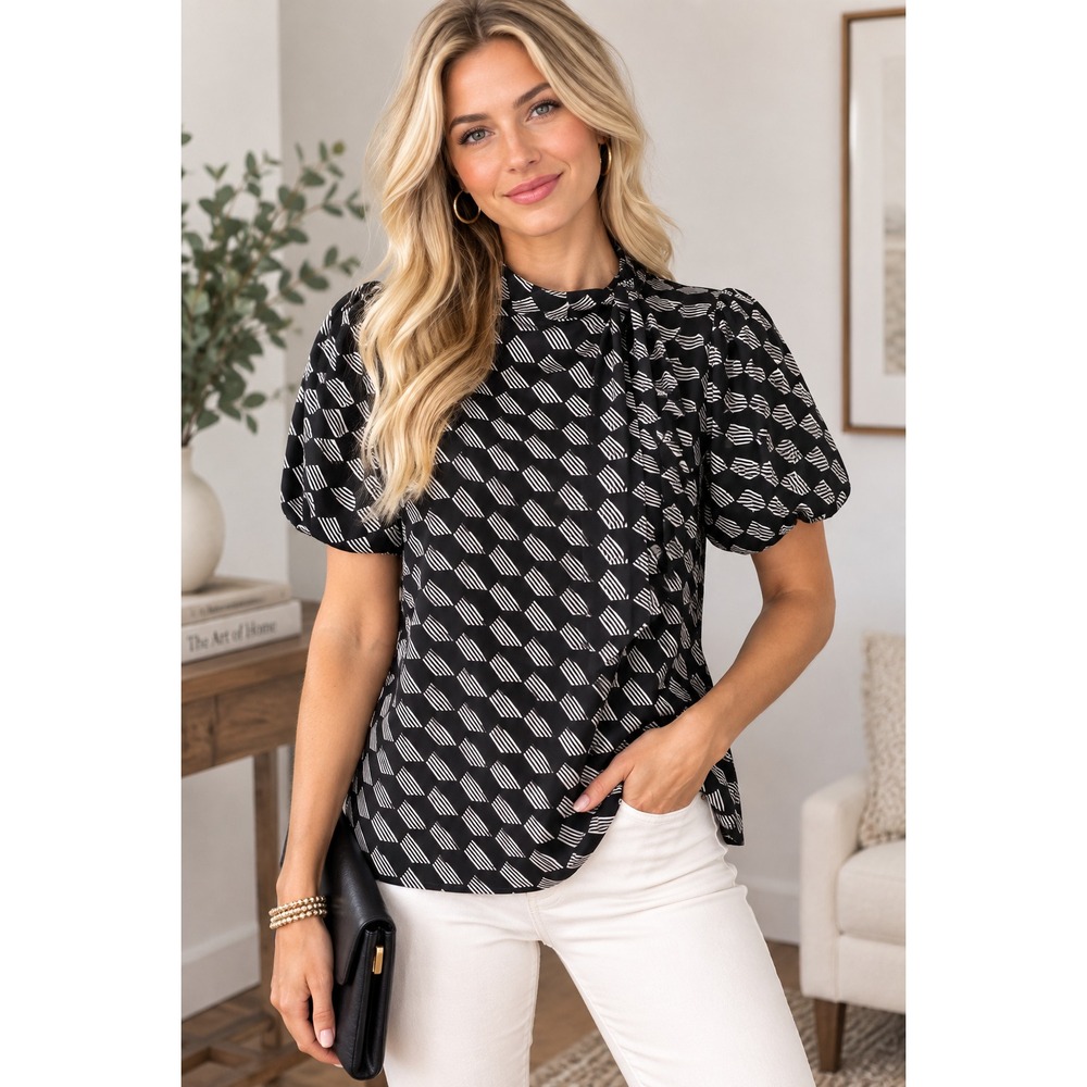 NWT Madison Paris New York Women's Black White Geometric Puff Sleeve Blouse M